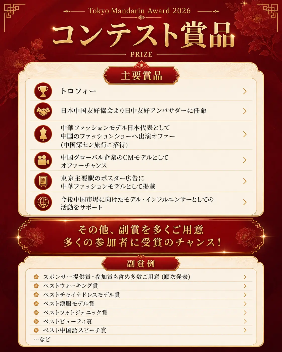 コンテスト賞品｜主賞品はトロフィー、日本中国友好協会より日中友好アンバサダーに任命、中華ファッションモデル日本代表として中国のファッションショー出演オファー、中国グローバル企業のCMモデルとしてのオファー、東京主要駅のポスター広告掲載、中国市場向けのモデル・インフルエンサー活動サポート。副賞にベストウォーキング賞ほか多数