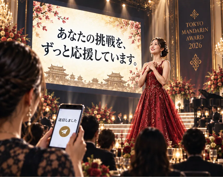会場スクリーンに応援メッセージが映し出される様子